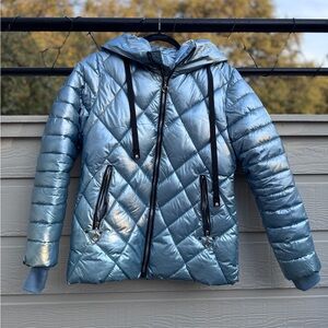 Light Blue Quilted Hooded Puffer Jacket - Women's